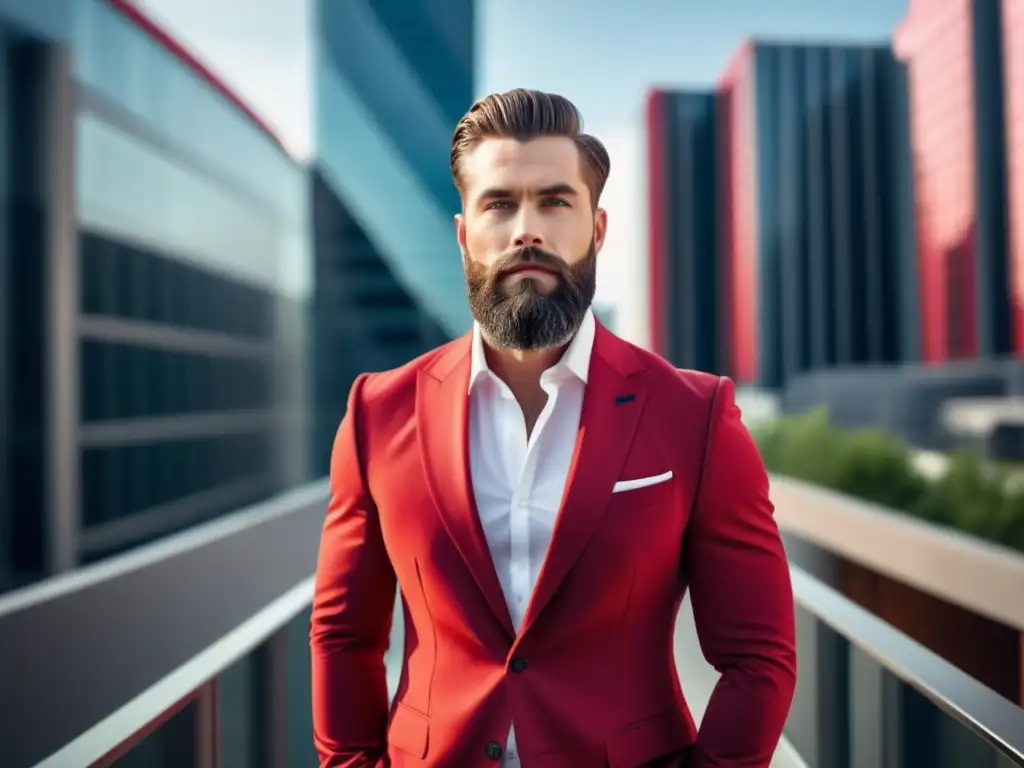 Atractivo masculino: Vestir de rojo en un elegante traje rojo, con estilo y barba bien cuidada