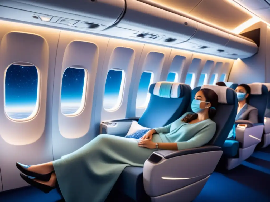 Consejos dormir bien en aviones: cabina moderna, confortable y relajante con vista estrellada