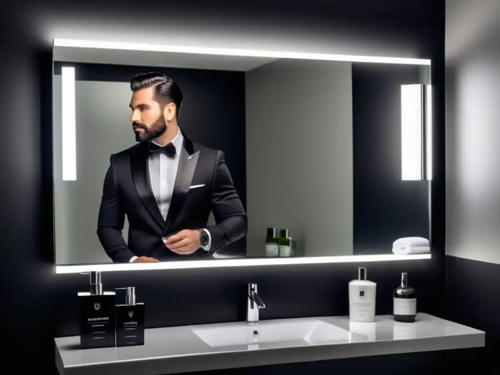 Baño moderno con hombre sofisticado y producto de cuidado masculino: Estrategias neuromarketing