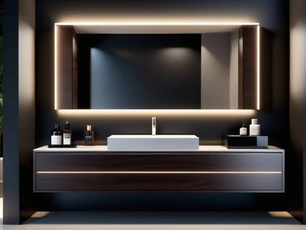 Evolución productos cuidado barba, elegante imagen de baño con tocador de madera oscura y productos organizados