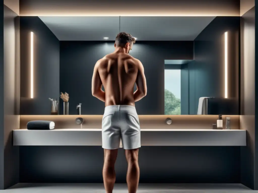 Hombre en baño moderno con postura ergonómica y cuidado facial - Ergonomía en el hogar para hombres