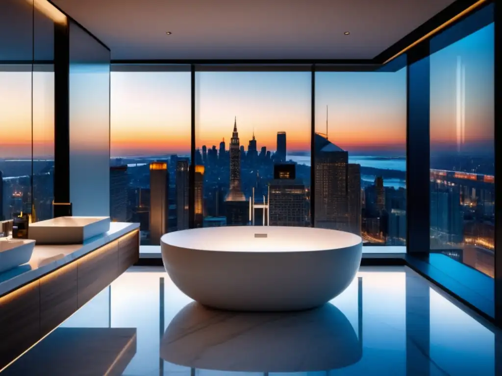 Baño moderno con bañera de mármol blanco y vistas a la ciudad al atardecer