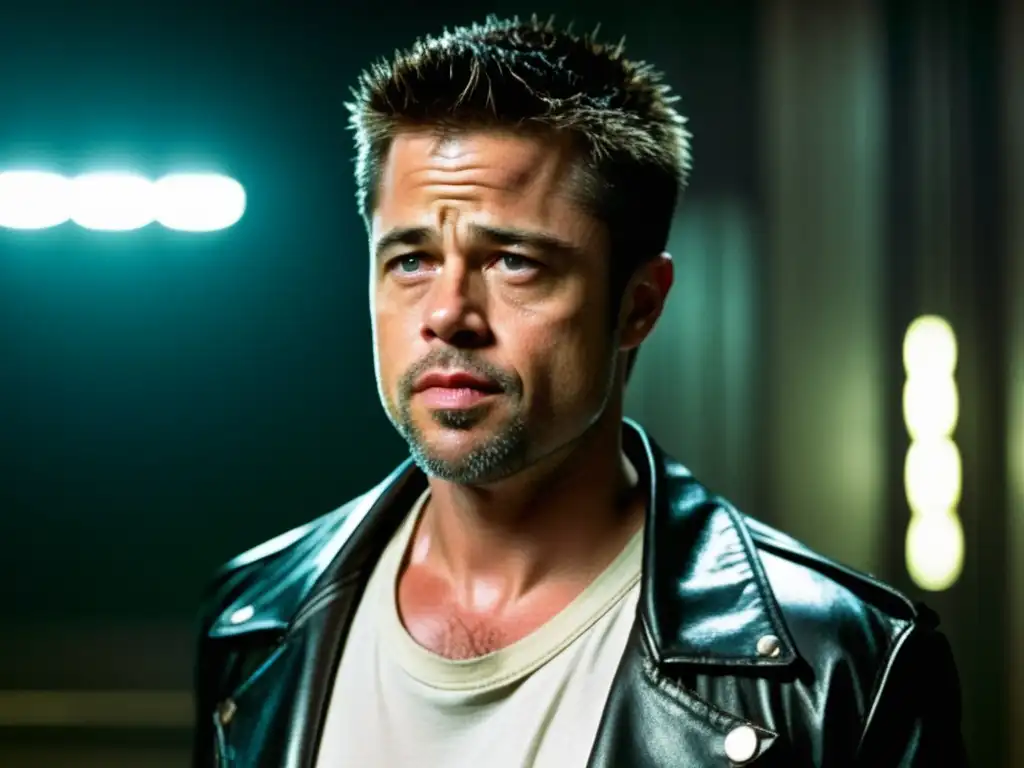 Estilo de Brad Pitt en Fight Club - Iconico look con chaqueta de cuero, camiseta blanca, pelo despeinado y barba