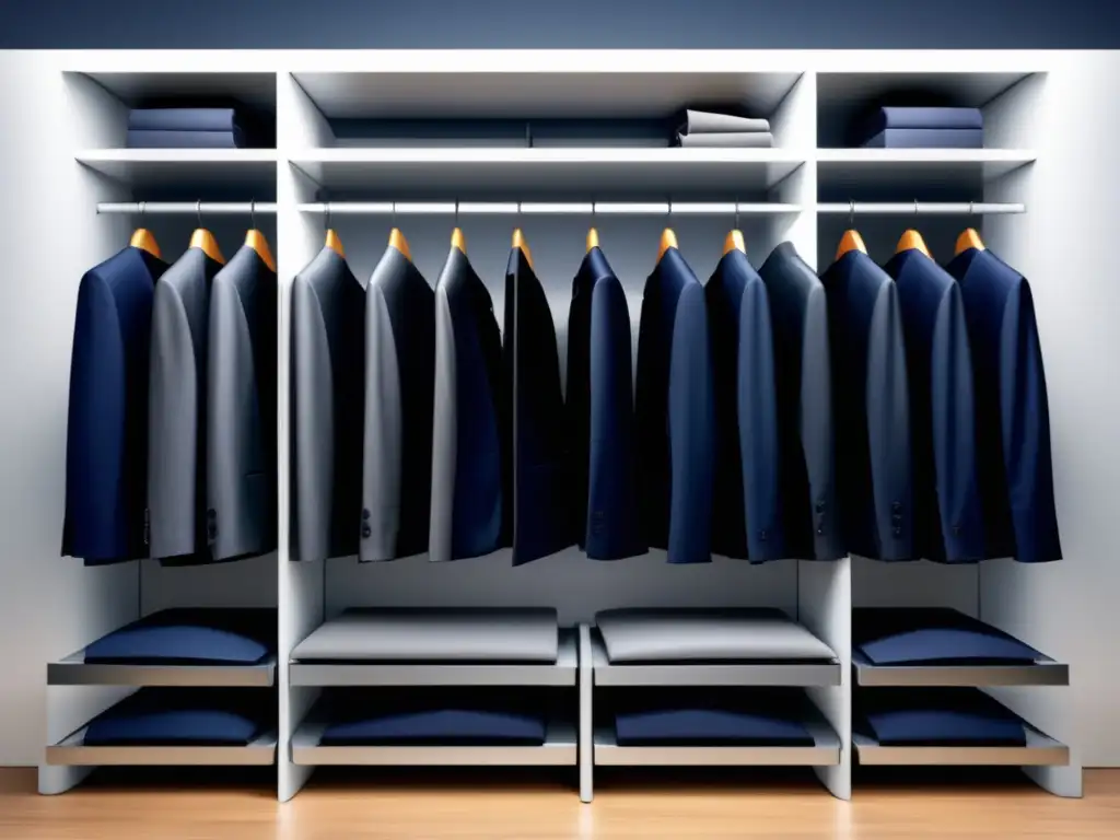 Cuidado traje impecable trabajo: Closet moderno con trajes grises y azules, ordenados de forma impecable