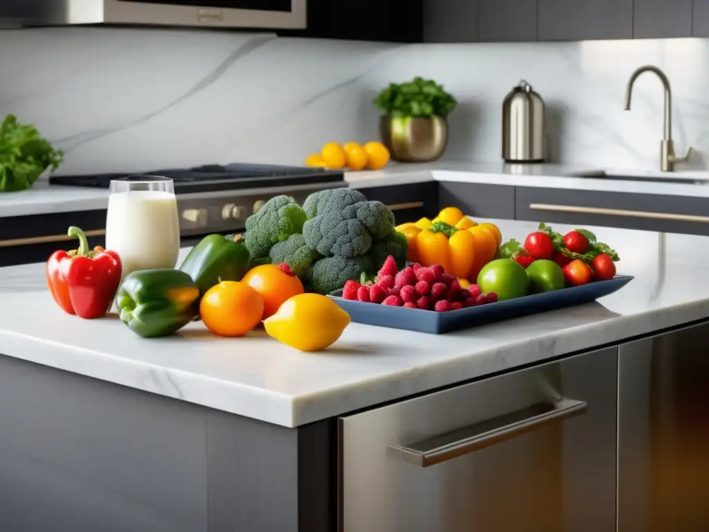 Cocina moderna con electrodomésticos de acero inoxidable y encimera de mármol, frutas y verduras coloridas, lácteos y nutrición masculina