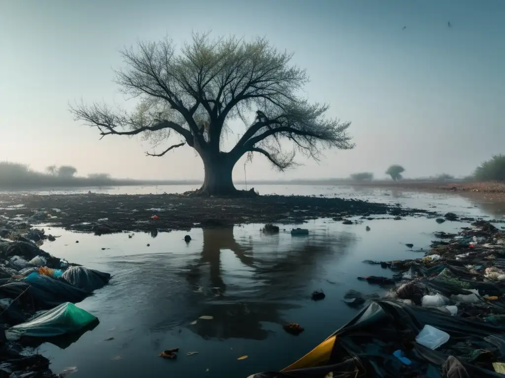 Impacto industria textil en el medio ambiente: Agua contaminada, desechos flotantes, árbol solitario cargado de plástico y mensaje de sostenibilidad