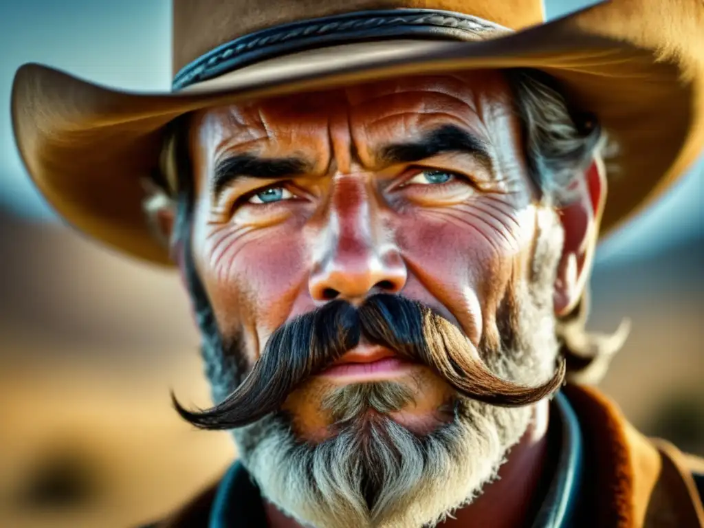 Tendencias cuidado masculino Lejano Oeste: Cowboy barbudo, detalle facial y expresión misteriosa