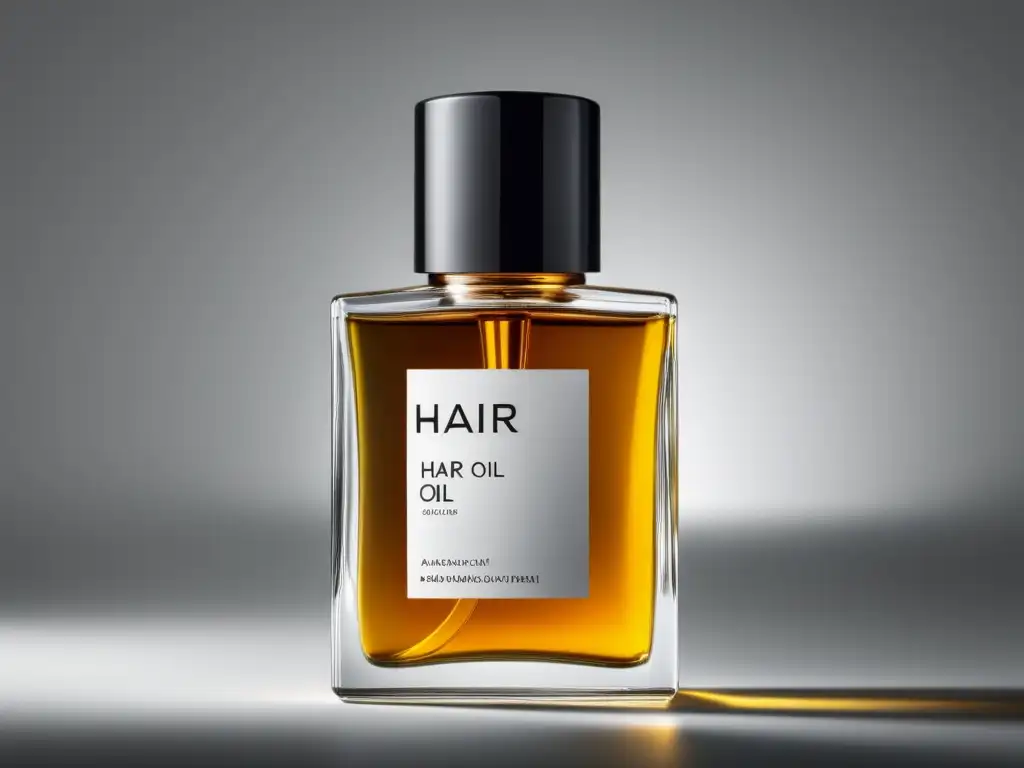 Anuncio: Aceite para el cabello masculino de lujo, imagen 8K ultradetallada de una elegante botella minimalista con gotas suspendidas en el aire