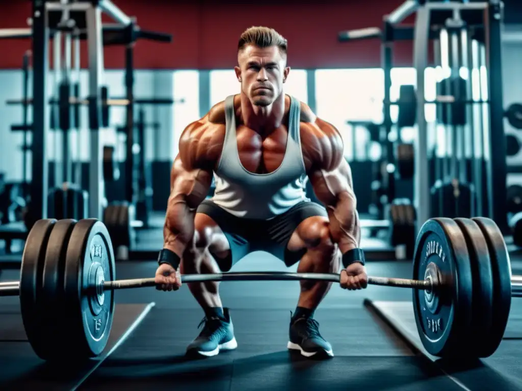 Hombre atlético en gimnasio, levantando pesas