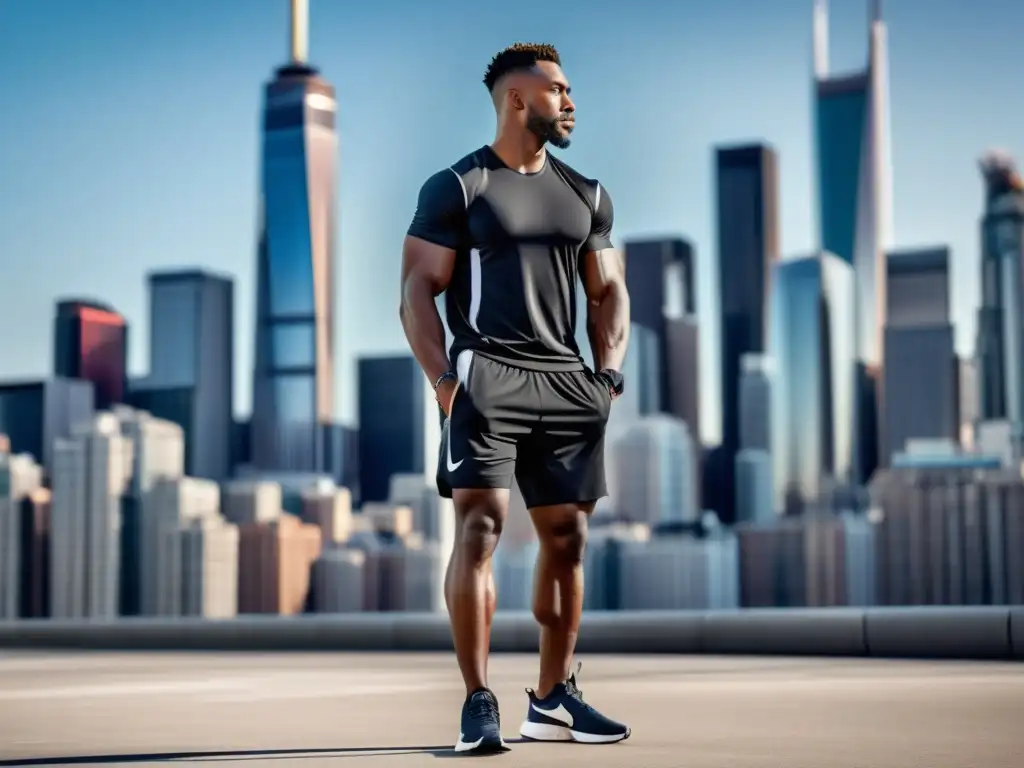 Atleta masculino moderno y elegante en una ciudad vibrante, combinando ropa deportiva con estilo