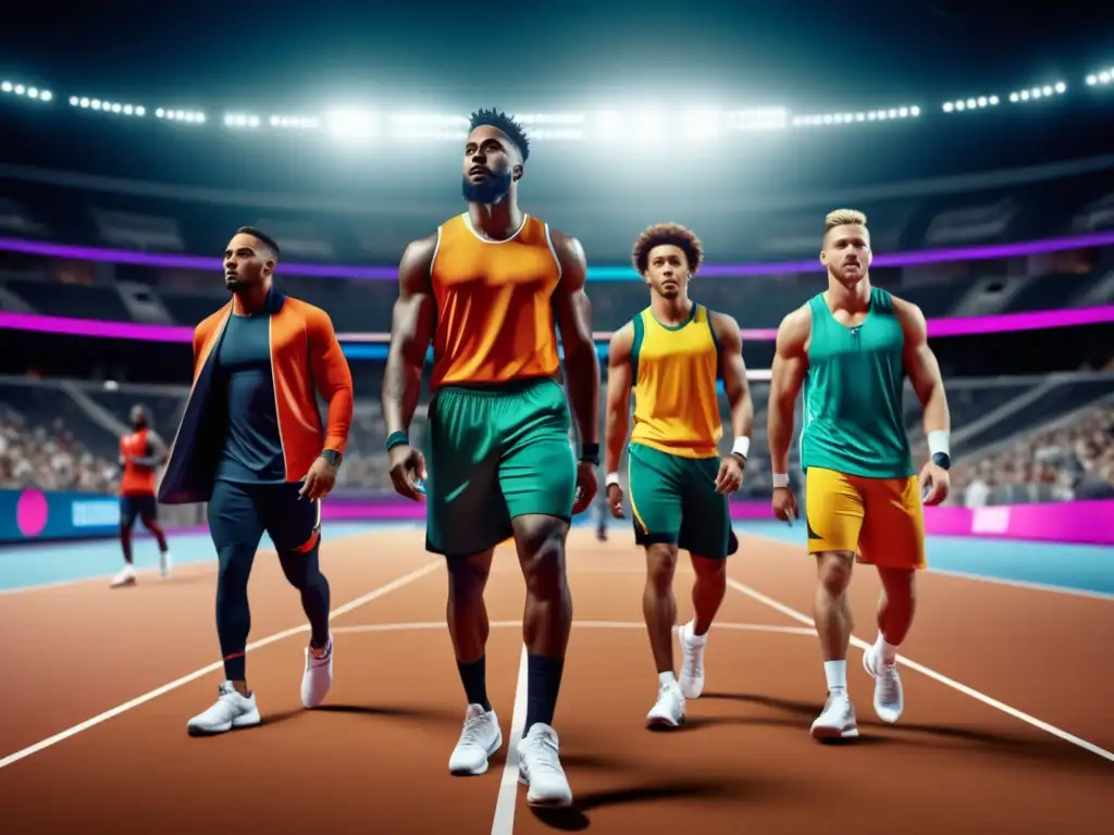 Tendencias de estilo masculino deportivo: Atletas elegantes en una moderna arena deportiva practicando baloncesto, running y levantamiento de pesas