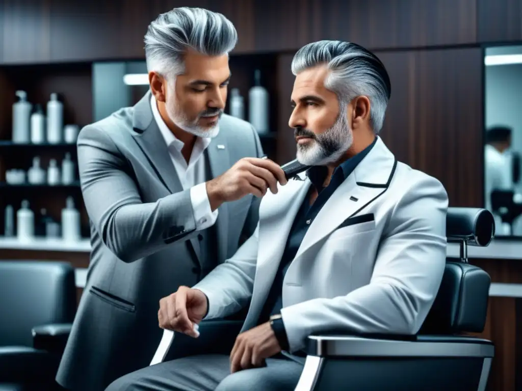 Hombre con cabello canas en barbershop, cuidado capilar profesional para cabello gris