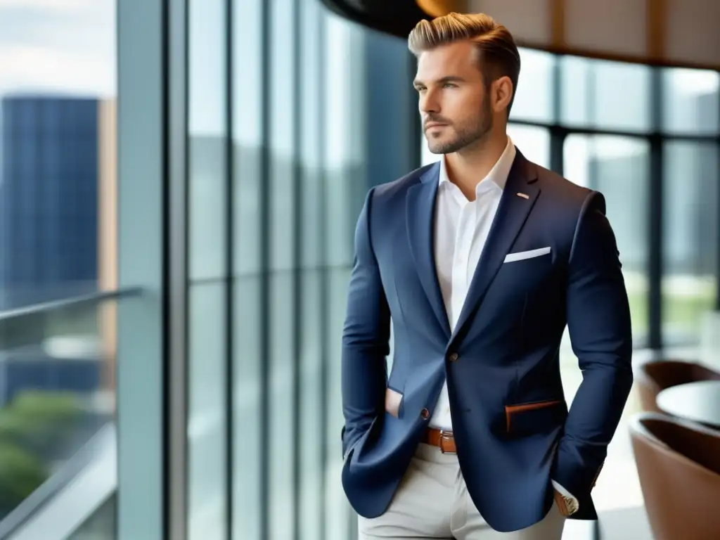 Consejos vestimenta casual negocios hombres: Imagen de un elegante y seguro hombre de negocios en un ambiente corporativo moderno