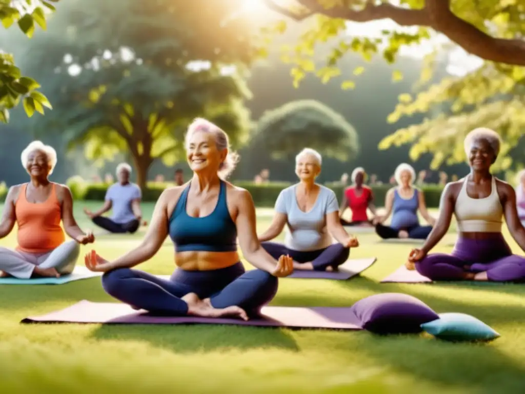 Consejos para mantener estilo juvenil: Grupo de seniors activos en un parque, practicando yoga, jugando tenis y bailando-