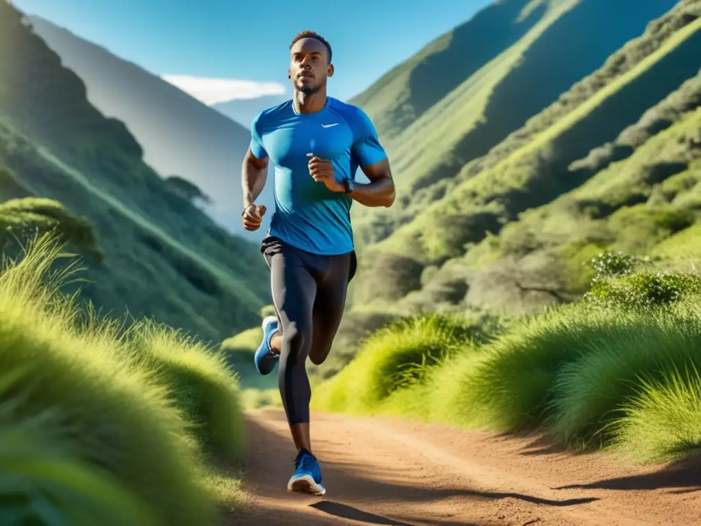 Hombre moderno en activewear, corriendo en un sendero rodeado de vegetación, con estilo y funcionalidad