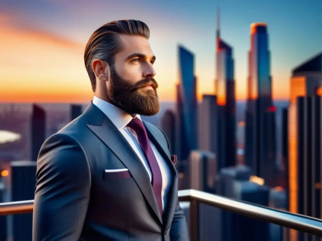 Hombre elegante con barba bien cuidada y traje a medida, inspirando productos de cuidado de barba para hombres