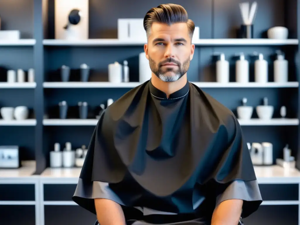 Hombre con rostro redondo en silla de peluquería moderna, recibiendo corte de pelo para rostro redondo