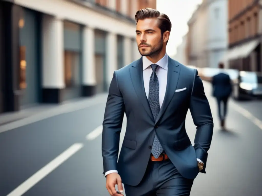 Moda masculina para mejorar autoestima: hombre elegante caminando seguro por la calle en un traje a medida, transmitiendo confianza y estilo