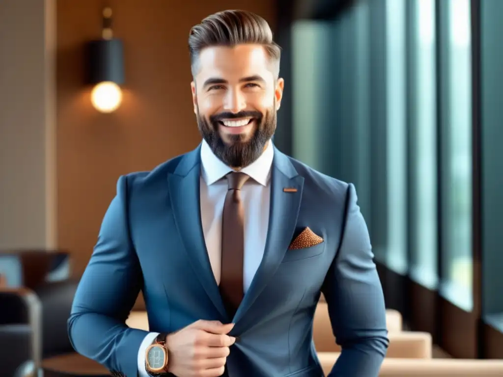 Hombre con barba y piel impecable, vestido elegante con traje a medida y accesorios