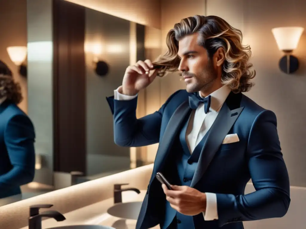 Hombre elegante peinándose en lujoso baño con cabello ondulado