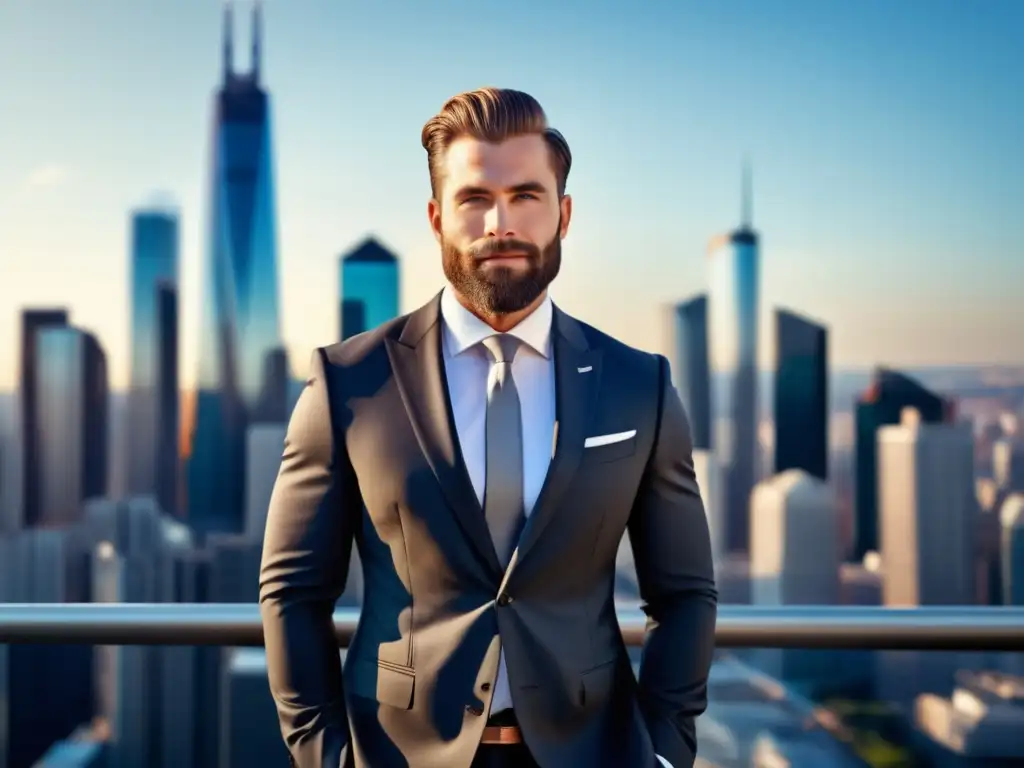 Hombre elegante en traje frente a ciudad moderna