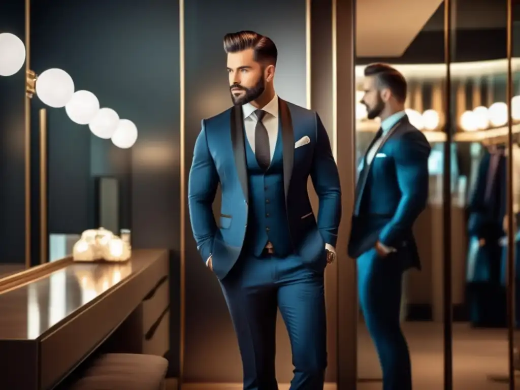 Moda masculina para autoestima: Hombre seguro frente al espejo, vestido con elegancia y rodeado de moda moderna