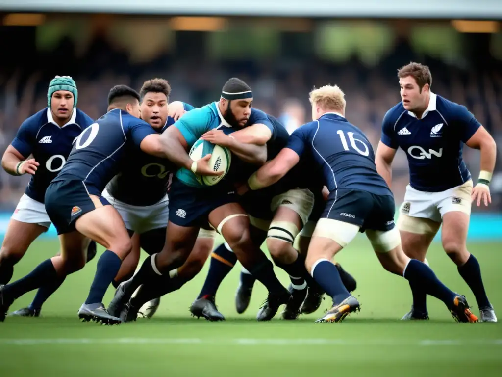 Jugadores de rugby masculino en acción con ropa deportiva atractiva y funcional en un campo bien cuidado