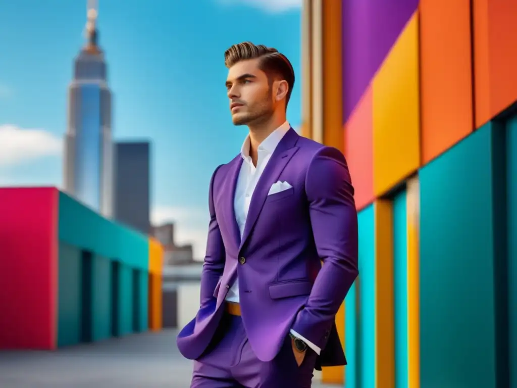 Fotografía moda masculina: Modelo urbano elegante destacando en traje ajustado, con actitud de confianza y sofisticación