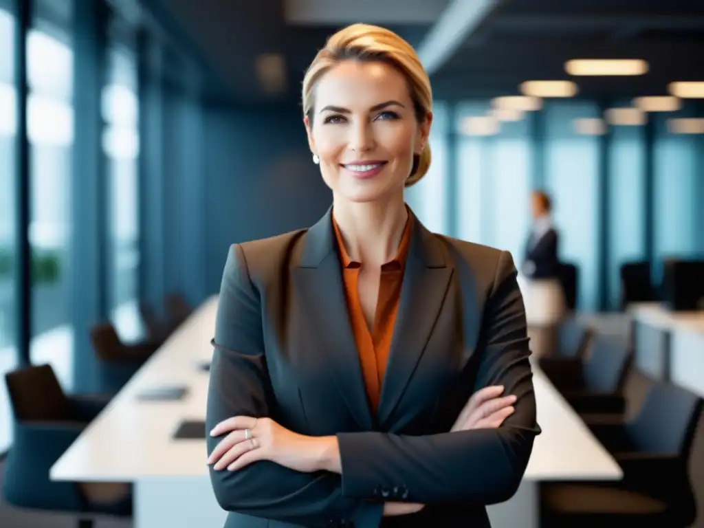 Mujer profesional con postura ergonómica y confianza en oficina moderna