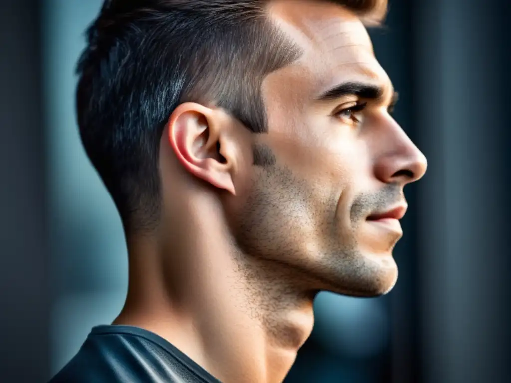 Ergonomía y postura para mejorar apariencia masculina: hombre con perfil definido, mandíbula angular y postura recta