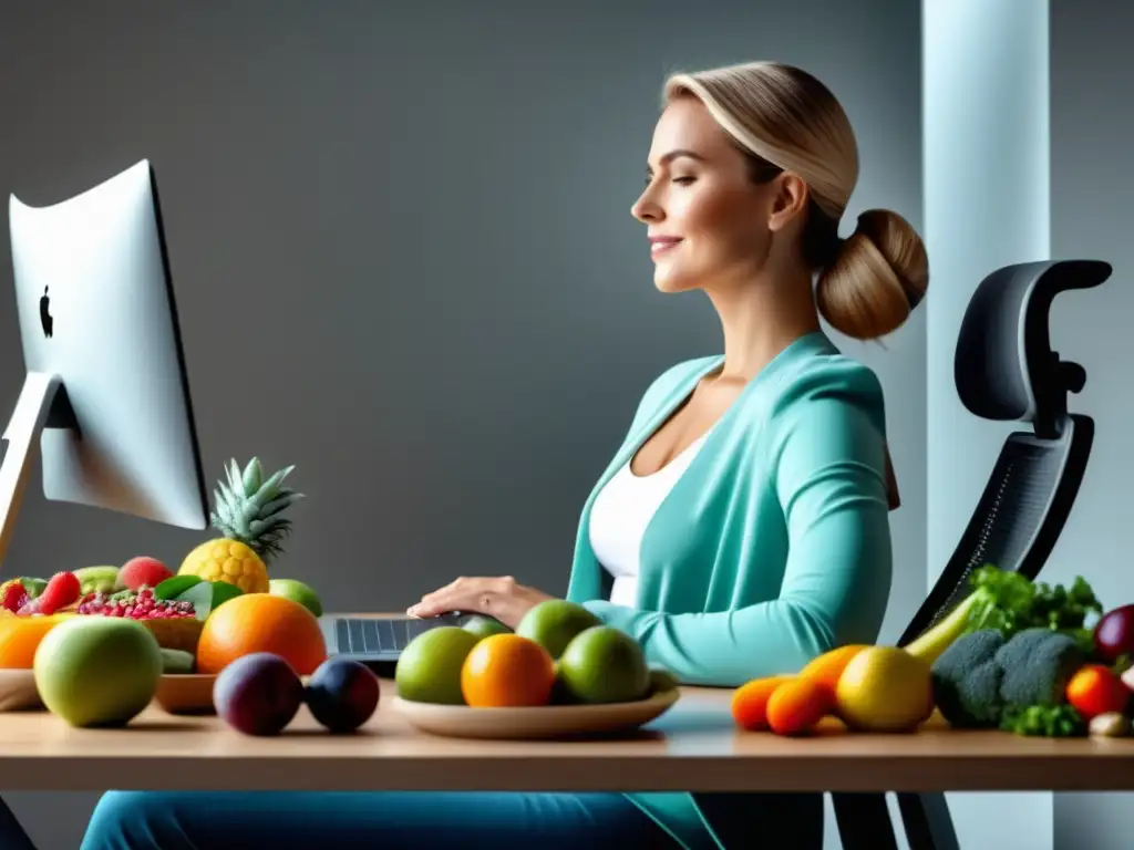 Beneficios de la ergonomía en la digestión: persona con postura perfecta disfrutando de una comida saludable en un entorno moderno