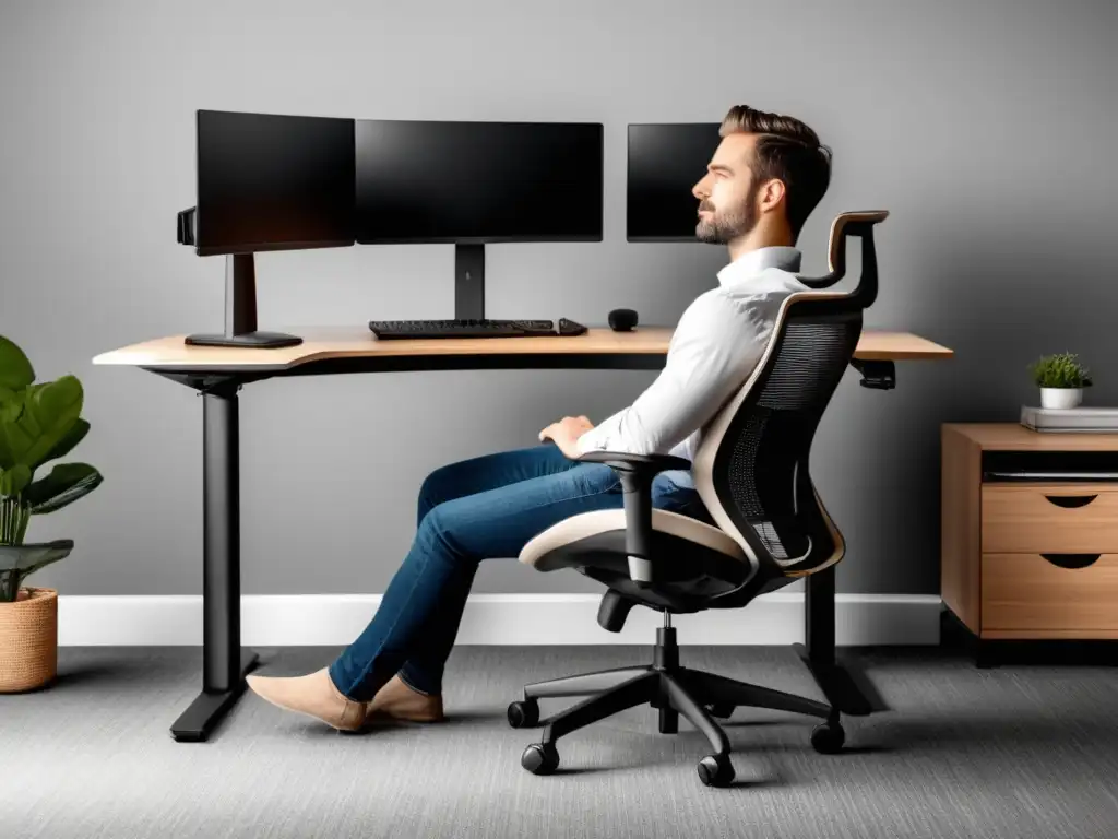 Beneficios de la postura ergonómica: persona en escritorio con postura correcta, mobiliario ajustable, espacio ordenado y luz natural