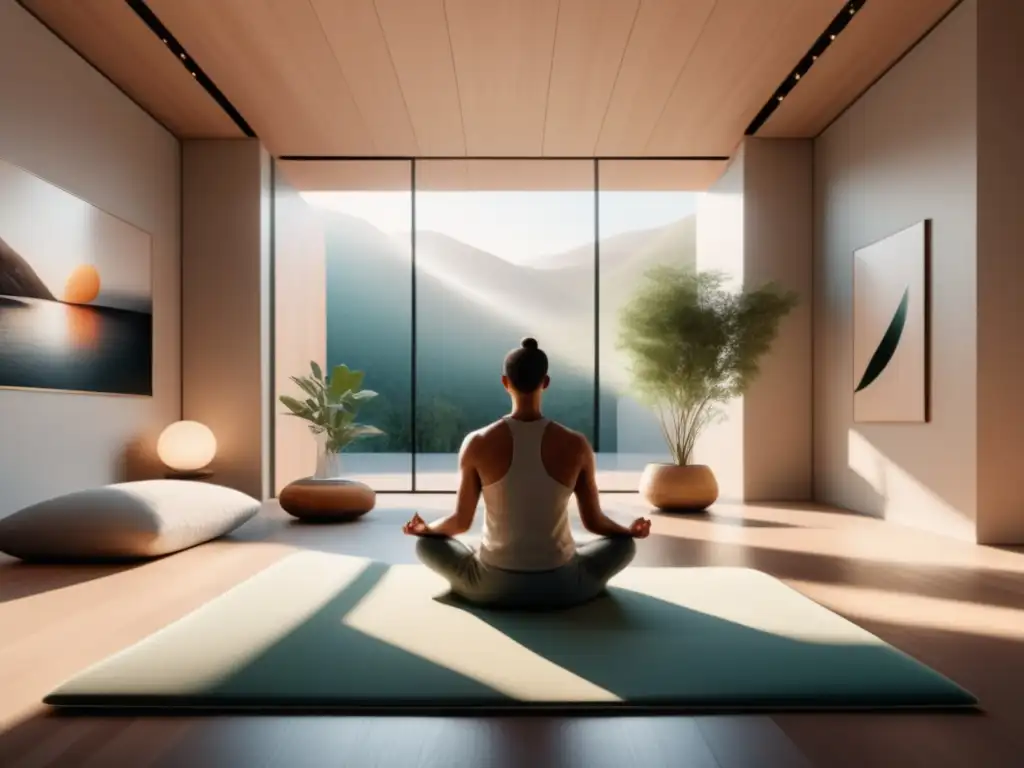 Un hombre relajado practicando ejercicios de respiración en una sala de meditación moderna y tranquila