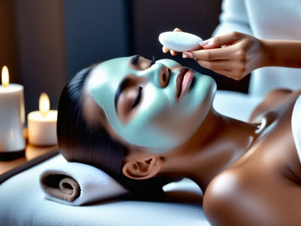 Mujer en tratamiento facial en spa moderno con productos para equilibrar piel grasa