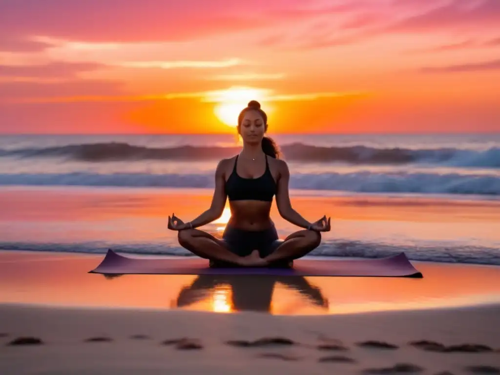 Ejercicio y bienestar mental: mujer practicando yoga al atardecer en la playa