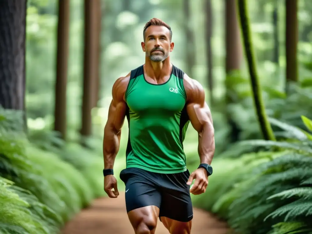 Atleta masculino en pose de yoga, rodeado de naturaleza y con beneficios de la dieta vegetariana