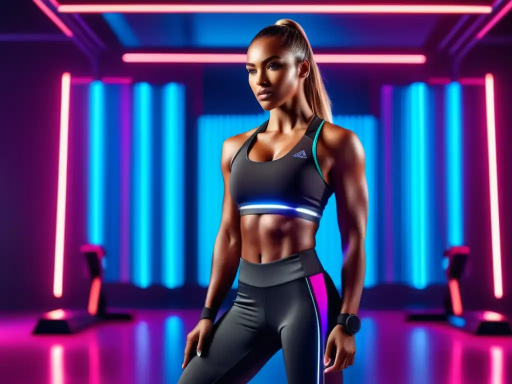 Atleta femenina en ropa deportiva moderna y elegante frente a un gimnasio futurista con equipo de ejercicio metálico y luces LED vibrantes