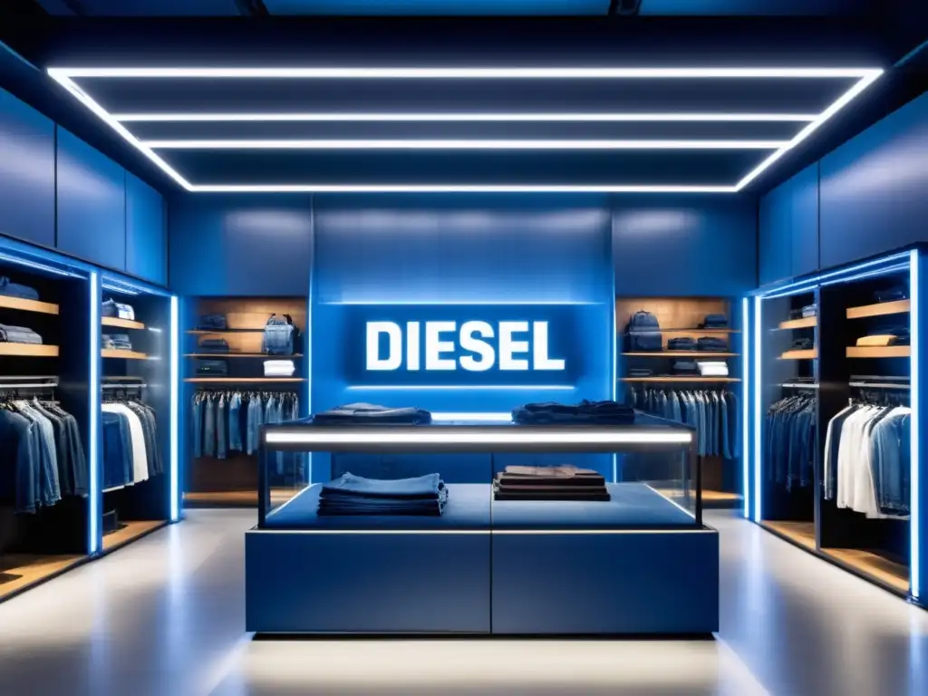 Evolución de Diesel en moda masculina: tienda moderna, interior detallado en 8k con diseño industrial