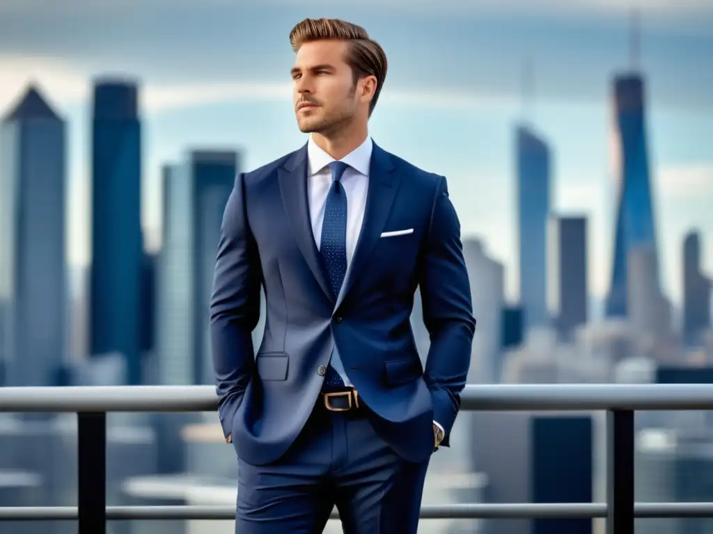 Tendencias moda corporativa masculina: hombre elegante en traje azul, skyline urbano y confianza