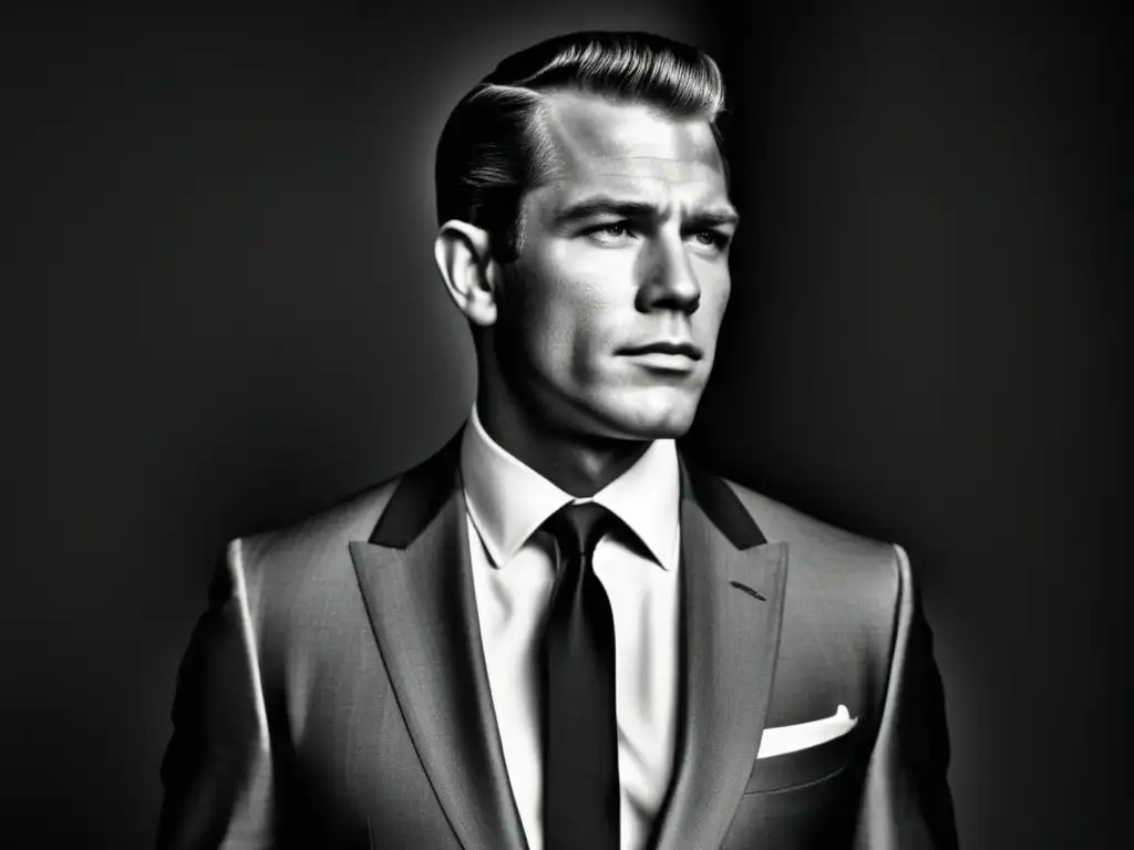 Hombre elegante en traje gris con camisa blanca y corbata negra, emulando el estilo de Steve McQueen