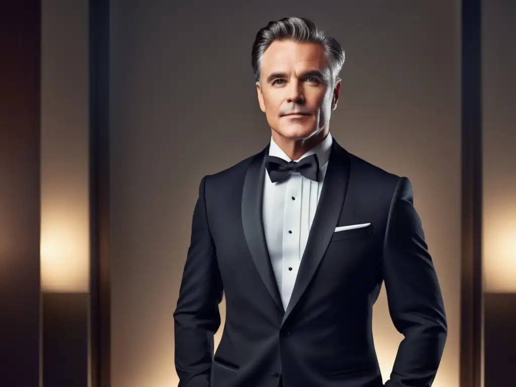 Guía vestimenta formal hombres maduros: hombre elegante en tuxedo negro+ fondo moderno y iluminación suave, estilo impecable