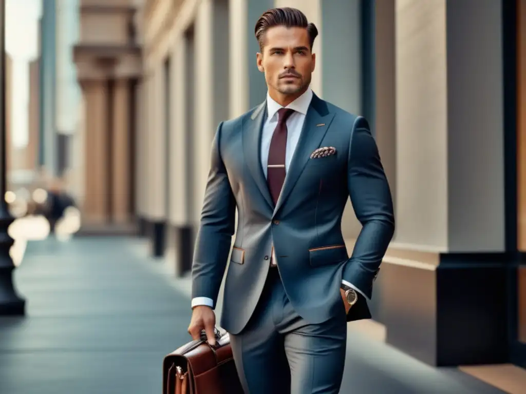 Hombre moderno con accesorios esenciales, elegante y seguro en entorno urbano sofisticado