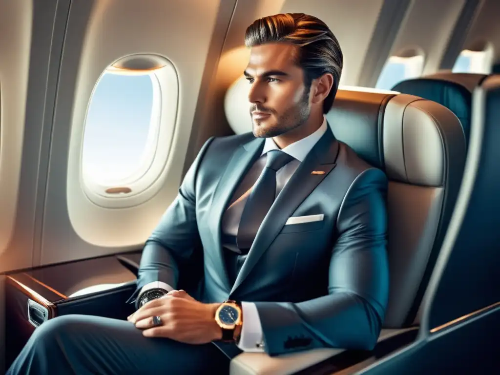 Hombre elegante en asiento de avión de primera clase Hombre moderno en avión, piel perfecta