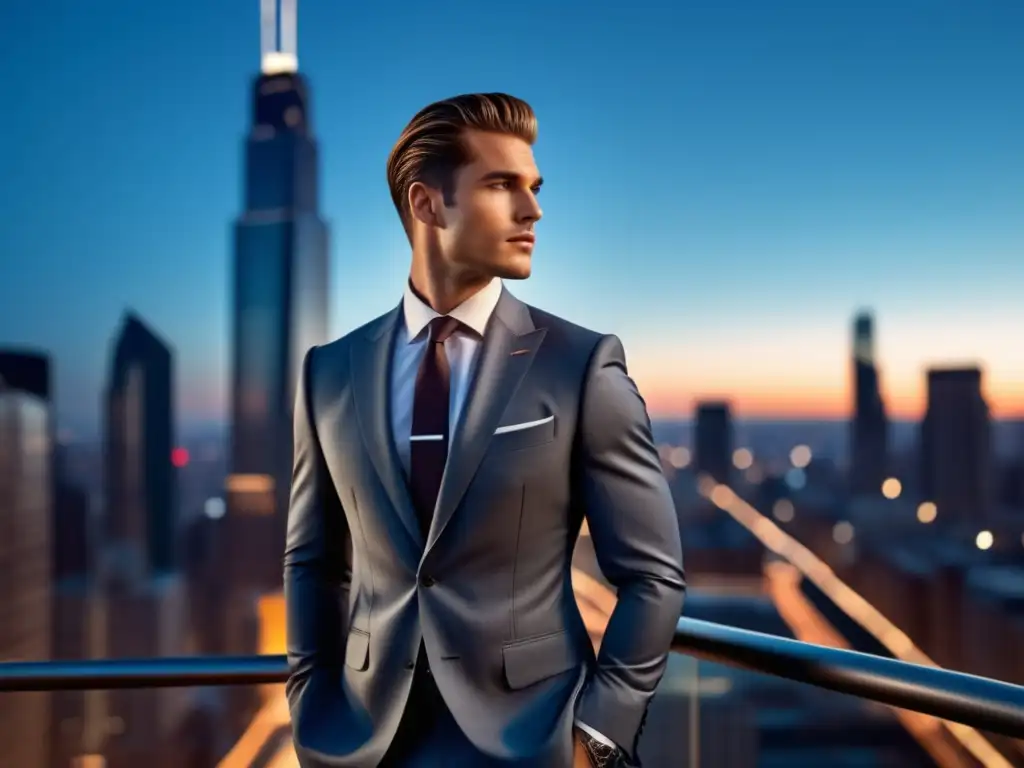 Fotografía estilo masculino elegante en ciudad urbana al atardecer