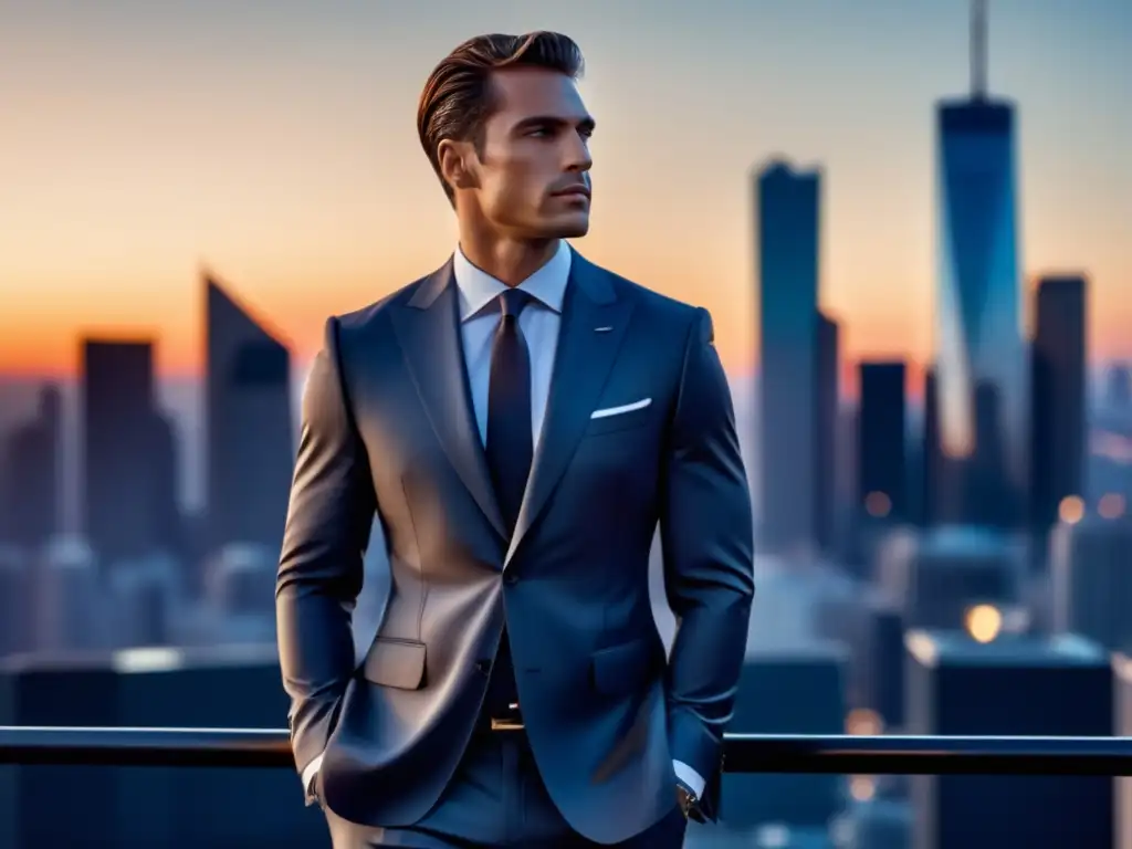 Tendencias moda masculina elegante: Hombre sofisticado en traje Armani, ciudad moderna al atardecer