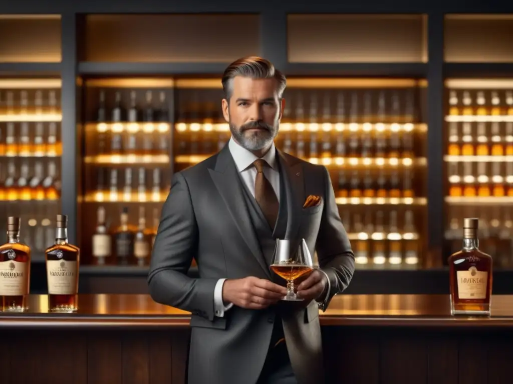 Tendencias moda masculina whisky: Elegante caballero en un bar de whisky con estilo