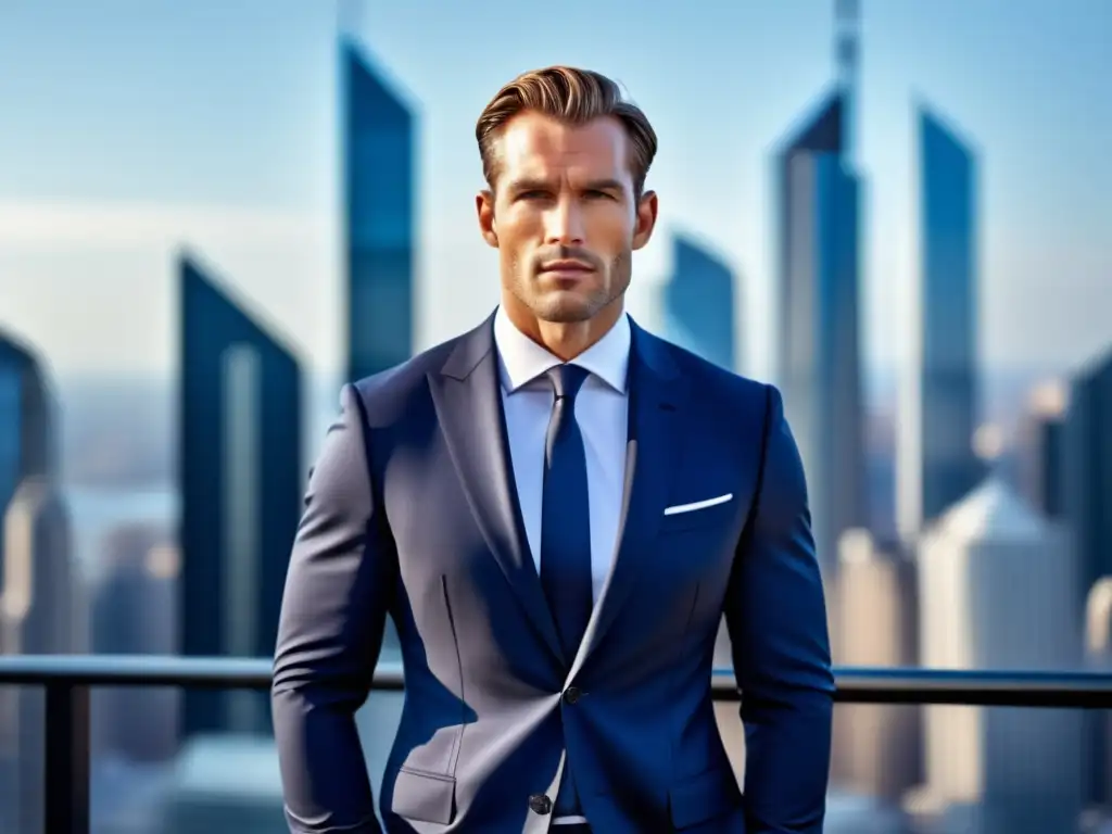 Imagen de un elegante y sofisticado hombre con un look icónico, destacando su traje azul marino de Hugo Boss y accesorios cuidadosamente seleccionados