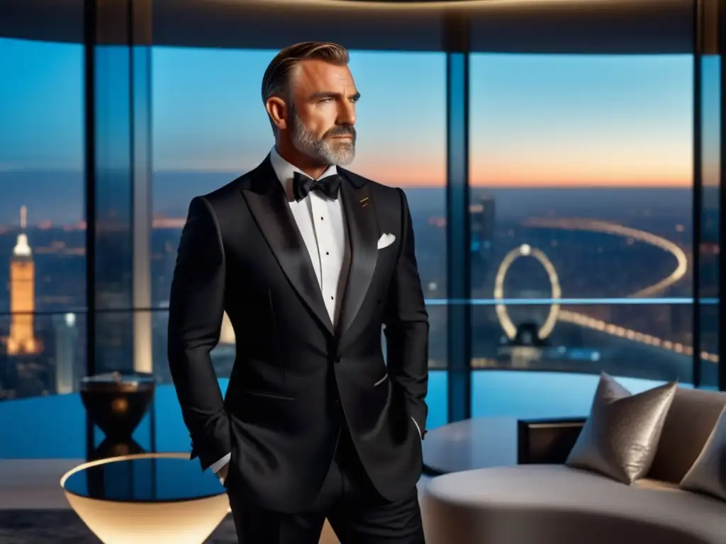 Estilo de moda masculina Bond: Elegante caballero en traje negro, penthouse moderno y cuidado facial con productos premium