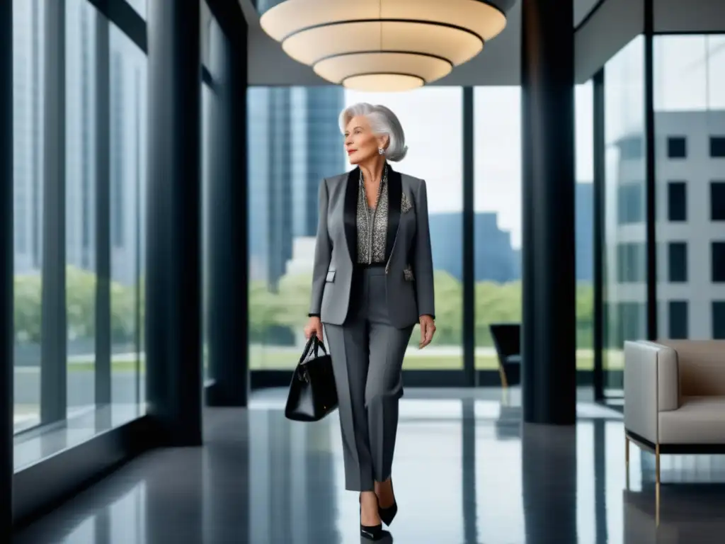 Mujer mayor elegante, segura de sí misma y con estilo, vistiendo traje negro y accesorios sofisticados en una vista panorámica de la ciudad