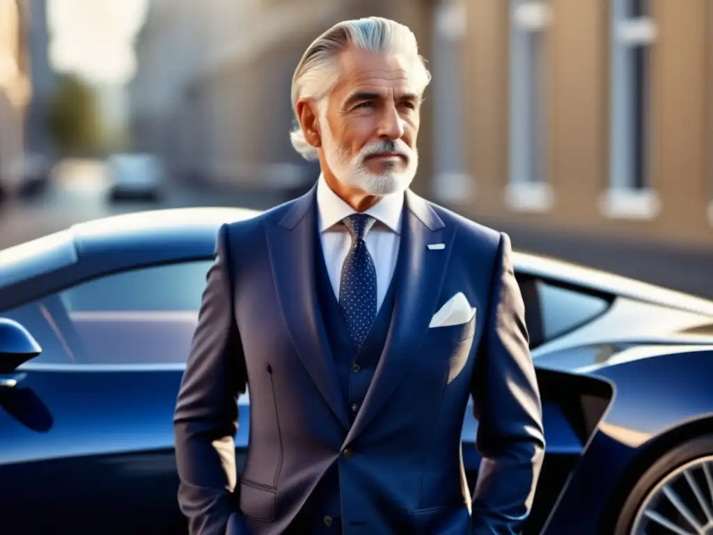 Moda masculina tercera edad: Hombre elegante en traje azul marino junto a un auto deportivo en la ciudad